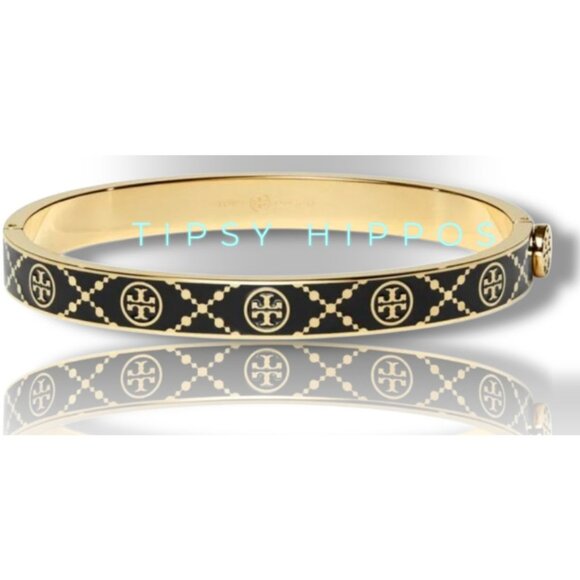 ✺ Tory Burch Double T Monogram Black & Gold Logo Cuff Bracelet ✺✺ - Picture 1 of 5